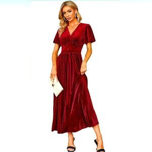 Simplee Boho Floral Maxi Dress Flowy Casual V Neck Short Sleeve Long Dress Sz S